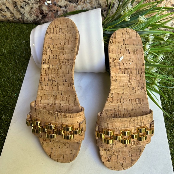 Veronica Beard Eni Chain-Trimmed Cork Slides 6.5 New - Picture 11 of 16